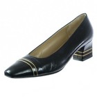 Worn 2x ST. JOHN Pumps Heels Black Sz. 9 B ITALY Low Heel Leather Gold Emblem