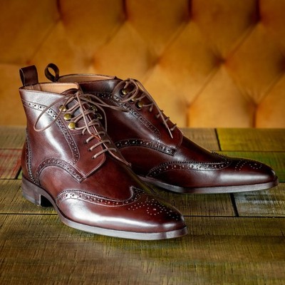 Paul Parkman Men's Handmade Wingtip Ankle Boots Brown Leather (ID#CH777BRW)