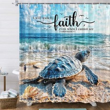 Sea Turtle Shower Curtain with Bible Verse, Blue Teal Ocean Bathroom Decor Ch...
