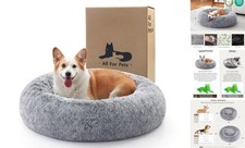 Calming Dog Bed - Donut Washable Medium Size Round Pet 30"L x 30"W x 8"Th Grey