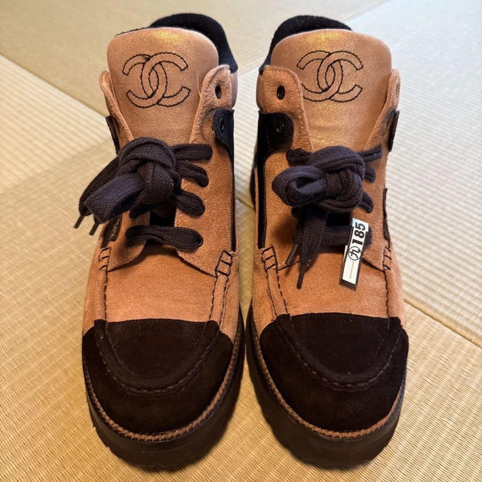 CHANEL COCO MARK Baskets En Daim Femme Beige Brun Authentique - Photo 2/4
