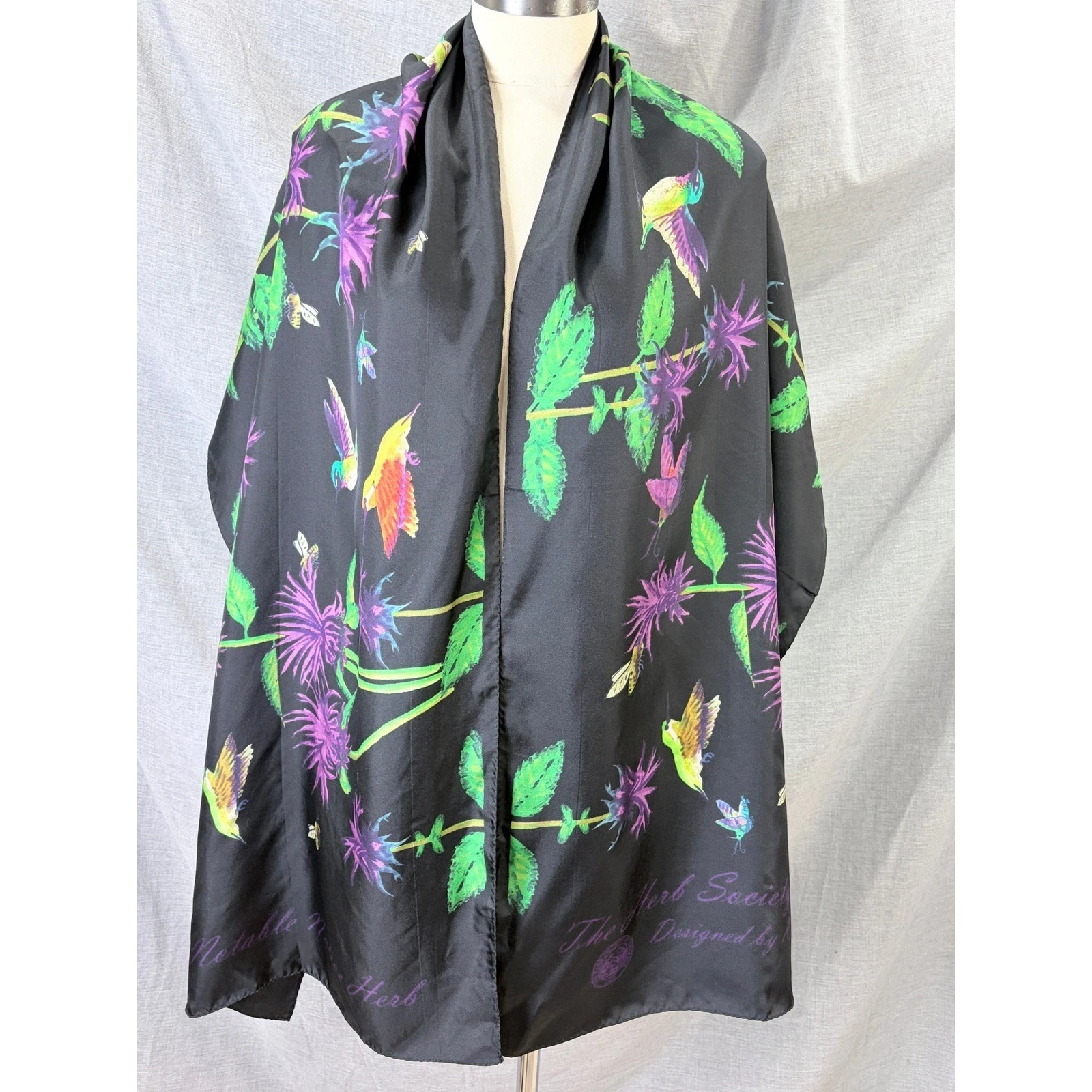 Kevin O'Brien Studio Botanical Black Scarf Hummingbird Floral Print Herb Society
