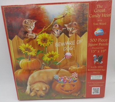 NEW Great Candy Heist 500 Piece Puzzle Labrador Cats Fall Halloween Tom Wood