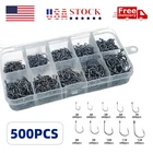 500 PCS Fish Hooks 10 Sizes Fishing Black Silver Sharpened With Box Quality kit