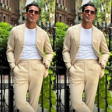 Light Khaki Men Suits Casual Wide Peak Lapel Evening Party Tuxedos Men Blazers