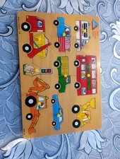 ELC Early Learning Centre Wooden Shape Sorting Puzzle Board Vehicles Digger Bus