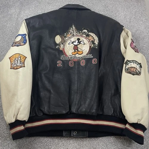 Vintage 2000 Walt Disney World Leather Varsity Bomber Jacket Member Patches Sz L video thumbnail