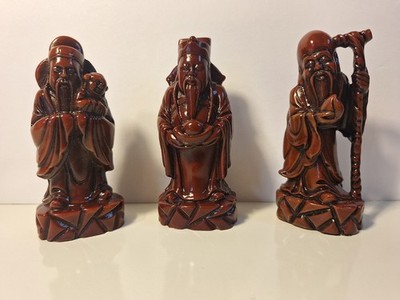 5'' Red Resin Chinese Gods Fuk Luk Sau Figurines Wise Men Feng Shui Luck Figure 