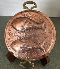 Vintage Copper Mold Wall Hanging Twin Fish Embossed Brass Handles 9.5”