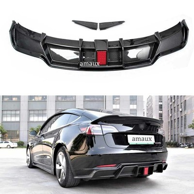 Carbon Fiber Rear Lip Bumper Diffuser Body Kit W/Light For Tesla Model 3 2017-22