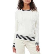 Barbour Women Cream Cable Knit Striped Trim Collegiate Sweater Size 8