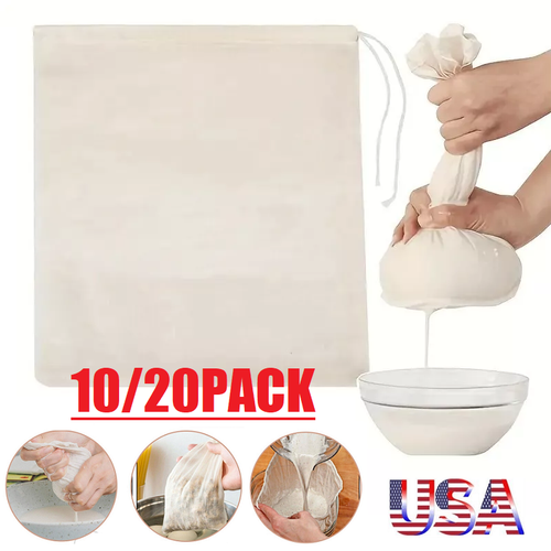 20× Organic Cotton Nut Milk Bag Reusable Food Strainer Brew Coffee Cheese Cloth - Picture 1 of 17