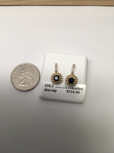 10K Yellow Gold Princess Cut Blue Sapphire and Diamond Dangle Earrings September - Bild 5 von 12