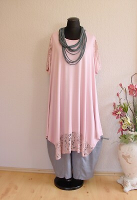 Italy Moda° Lagenlook Tunika Kleid Viskose Spitze A-Linie ~ Rosé ~ one size