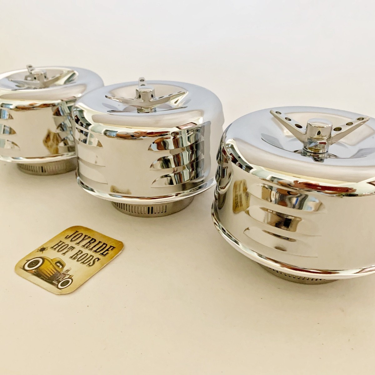 Hot Rod 3 x 2BRL Air Cleaners- Tri-Bar Fasteners- Chrome