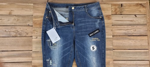 Alba Moda Jeans Hose Damen Größe 38 mit Badges Blau Ripped Damenjeans Sticker - Bild 5 von 5