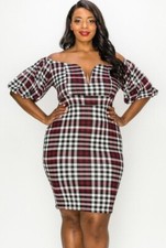 Plus Size Plaid Off Shoulder Bodycon Dress