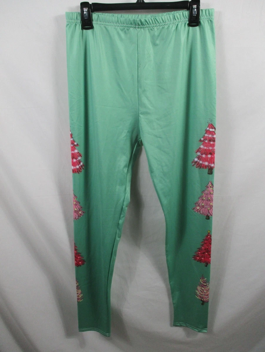 Christmas Leggings Womens XL Pants Green Pink Trees Elastic Waist