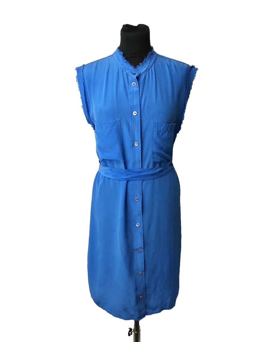 Equipment Femme Women s Blue Sleeveless Belted Silk Shirt Dress