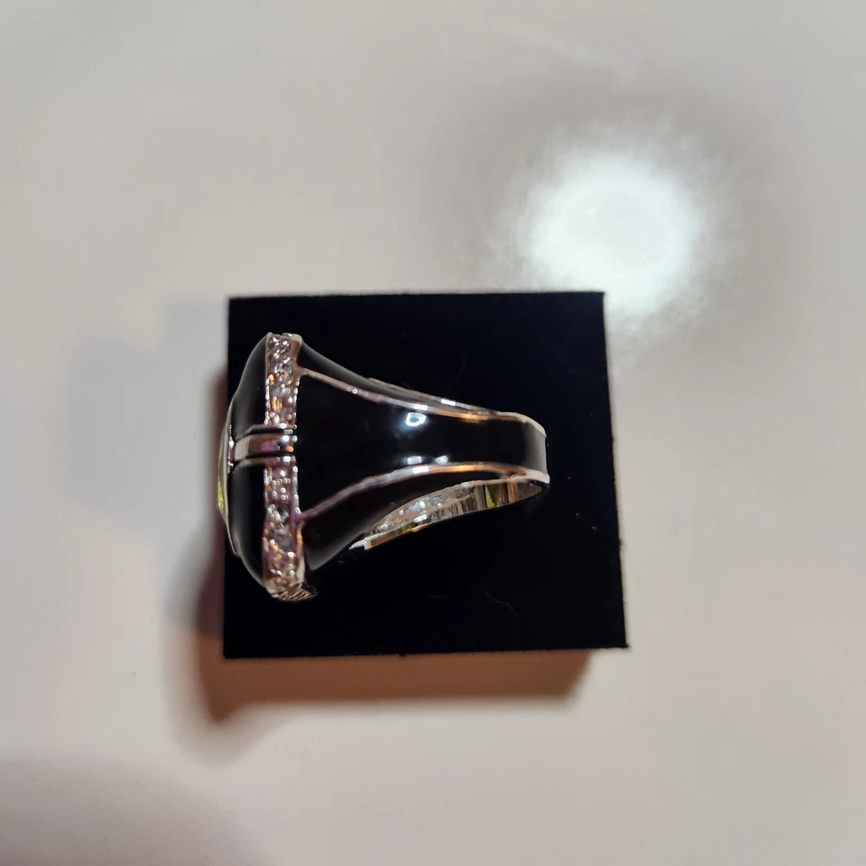 Lia Sophia Cocktail Ring COVET- Sz 7 Black Enamel Silver Green Stone NWOT - Image 2 of 4
