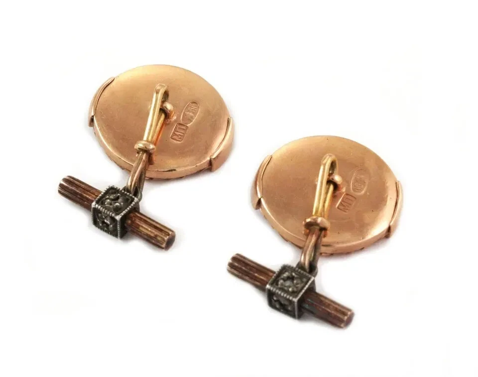 Gemelos Esmaltados Diamante Corte Rosa 14k Corona Cresta Forma Ovalada Antiguos Foto 2 de 4