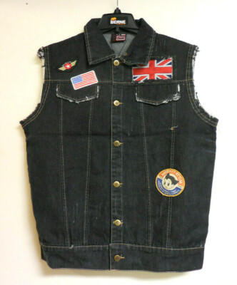 Hudson Outerwear Denim Jean Vest Jacket Flag USA UK Patches Dark Wash Size S