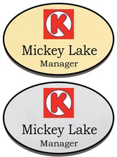1 GOLD & 1 SILVER OVAL CIRCLE K PERSONALIZED NAME BADGES SAFETY PIN FASTENER