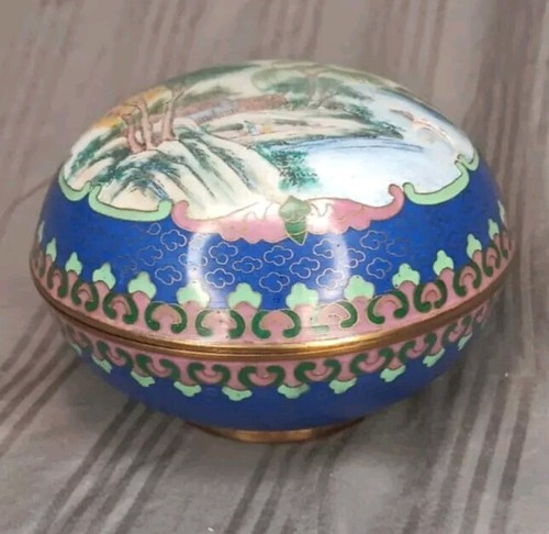 Caja grande redonda de latón esmaltado asiático Cloisonne defectuosa ver fotos - Imagen 3 de 7