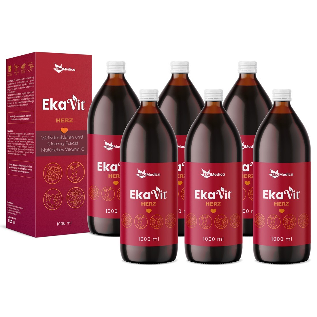 EkaMedica EkaVit HERZ - Weißdorn + Hundsrose + Ginseng + Vitamin C - 6x1000ml