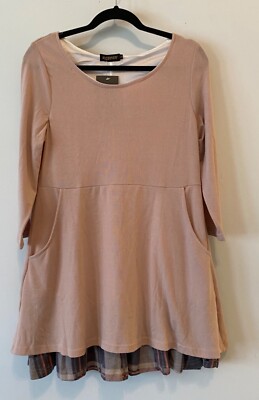 NWT Reborn Mauve A-Line Short Dress Plaid Hem 3/4 Sleeve has Pockets Small