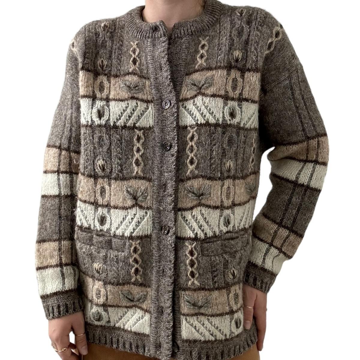 Vintage Oster Austrian Wool Mohair Brown Floral Embroidered