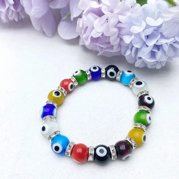 10MM Multicolor Turkish Evil Eye Crystal Glass Bead Stretch Bracelet - Image 3 of 4