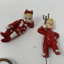 Set of 2 Vintage Japan Pixie Elves Red Devil Pitchfork Ceramic Mini Figurines