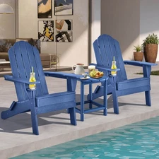 Costway 3 PCS Patio Folding Adirondack Chair Side Table Cup Holder HDPE White