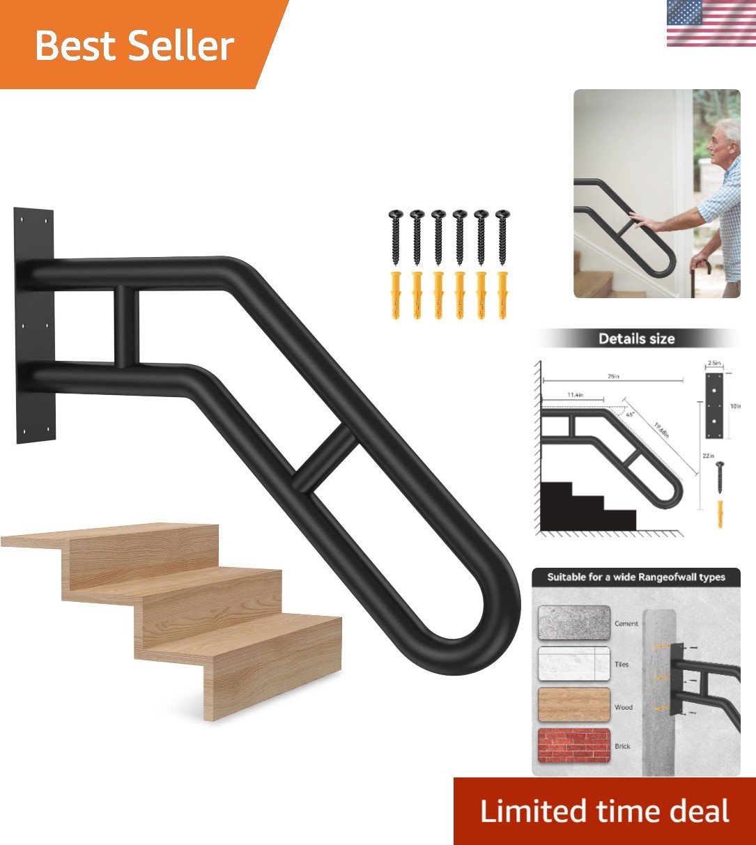 Barandilla de alta resistencia - Capacidad de 500 libras, barra de agarre exterior de fácil instalación para escaleras