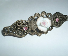 VINTAGE PINK PORCELAIN ROSE 3.5" BRASS HAIR BARRETTE
