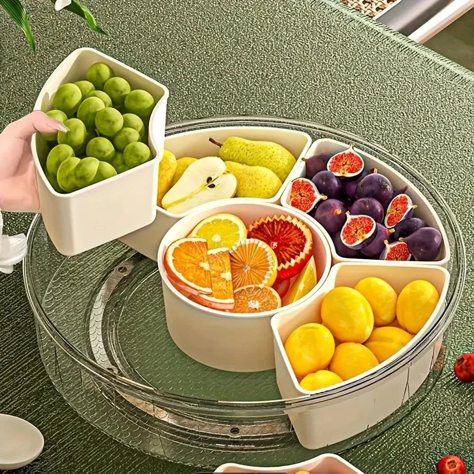 Snacktablett Drehbar mit Deckel Griff Fächer Obst Gemüse Box Stapelbar Organizer - Bild 2 von 4