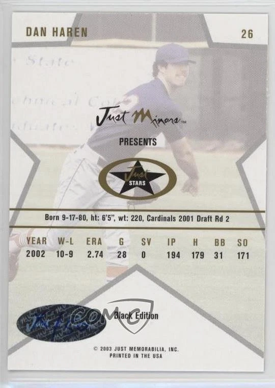 2003 Just Minors Just Stars Black /50 Dan Haren #26 Auto - Image 2 of 2