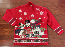 Vtg Tiara Petites Christmas Sweater Snowman Theme 2001 Mock Turtleneck Size PS