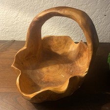 Folk Art Carved Wooden Basket with Handle Fruit Bowl Vintage 8 X 10 Burl Wood