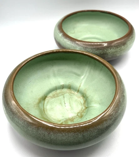 Frankoma Pottery Prairie Green Bowls Planters Round 8" USA Vintage Set of 2
