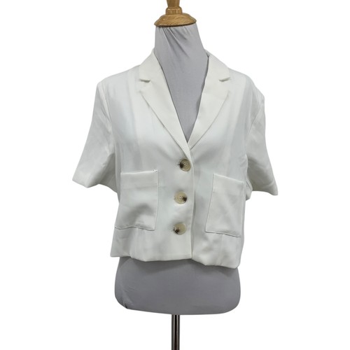 Promesa Blazer Top Womens S Small White Cropped Shoulder Pads Short Sleeve Notch