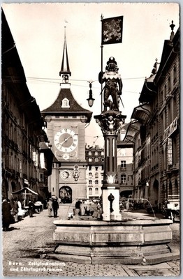 Bern Switzerland CH, Clock Tower & Fountain Statue German Photo Postcard RPPC