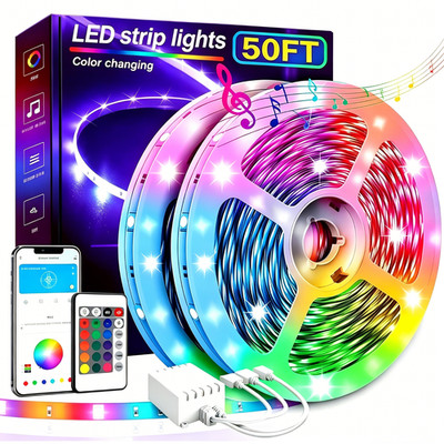 50FT Waterproof LED Strip Lights, APP & Voice Control, RGB Outdoor Indoor Lights
