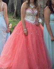 Mori Lee Coral Ivory/Coral Beaded Embellished Formal tulle Prom Gown lace bodice