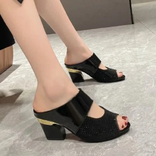 Damen Sandalen Eckiger Absatz Pumps Mode Sommer High Heels Pantoletten Hausschuhe Schuhe - Bild 4 von 21