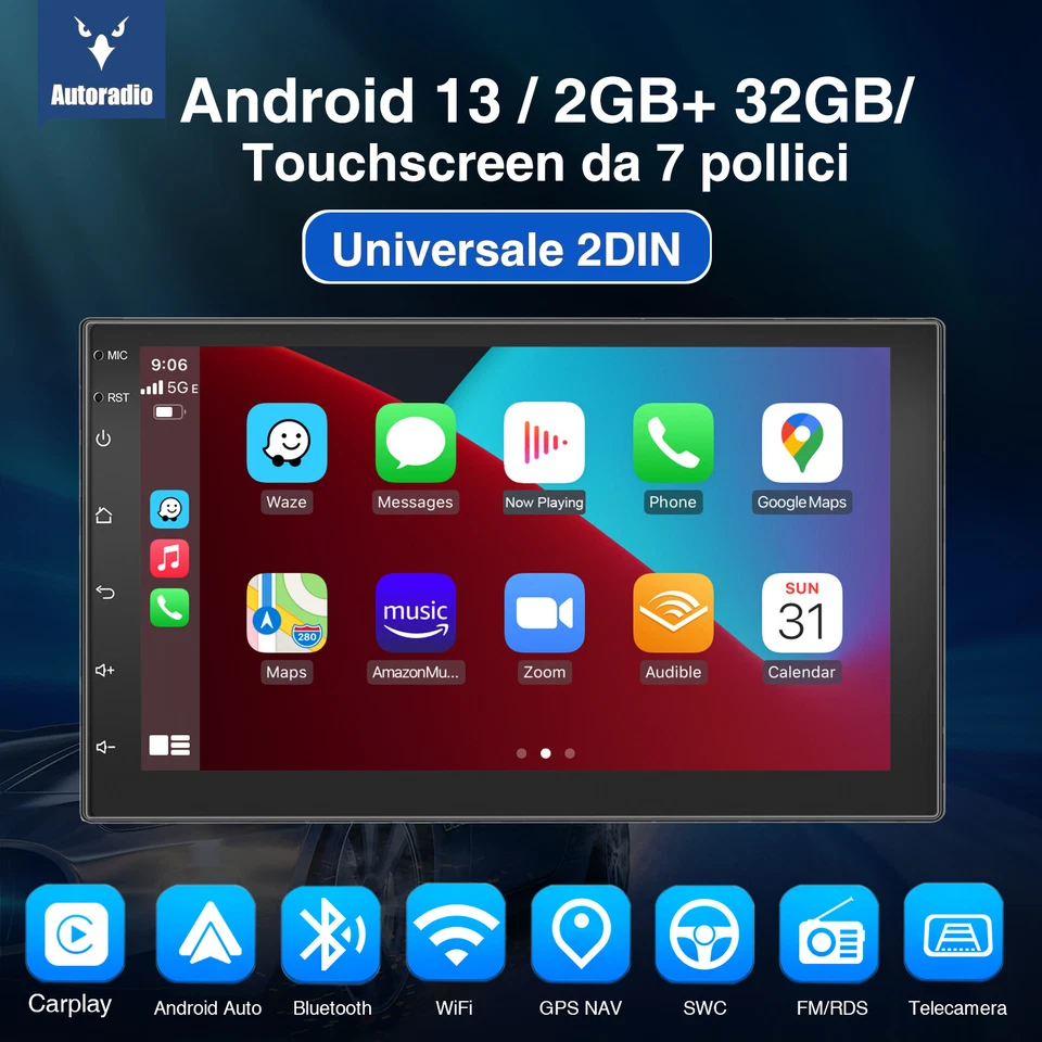 Autoradio 7 Pollici 2 DIN GPS Android 14 Carplay Bluetooth WIFI RDS EQ USB + Cam - Immagine 2 di 4