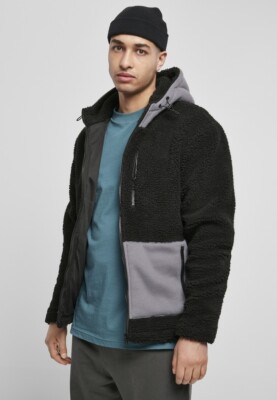 Urban Classics Jacke Hooded Sherpa Jacket Black/Asphalt UK