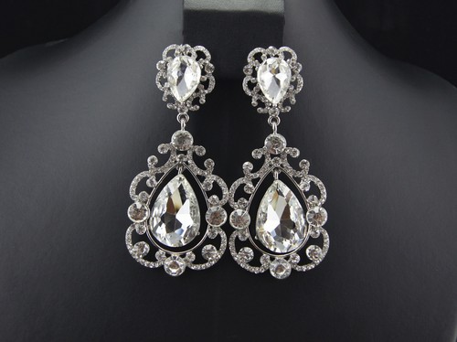 Crystal Clear Rhinestone CLIP-ON Chandelir Earrings for Wedding Prom Bridesmaid - Picture 2 of 5