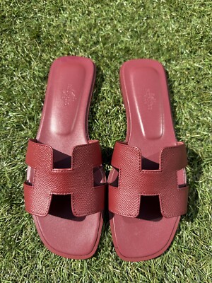 HERMES エルメス フラットシューズ 37 レッド パンプス Hermes Oran Rouge H Epsom Leather Calfskin Cut Out Sandals Slides